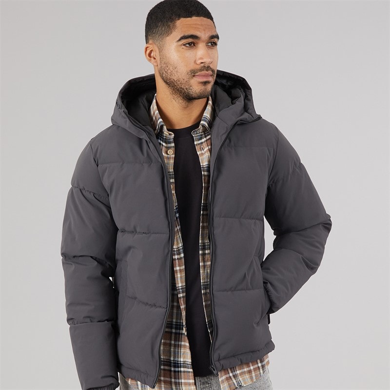 JACK & JONES Mens Surface Hooded Puffer Coat Asphalt - Image 1