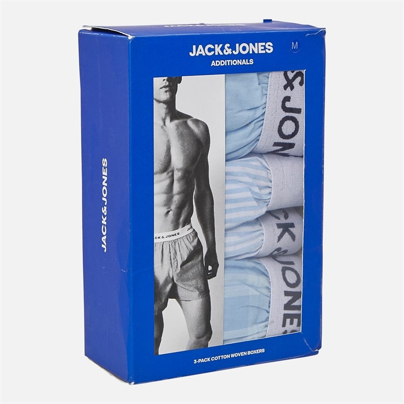 JACK & JONES Mens Jaclaroi Three Pack Woven Boxers Chambray Blue/Chambray Striped/Skyway Checks - Image 2