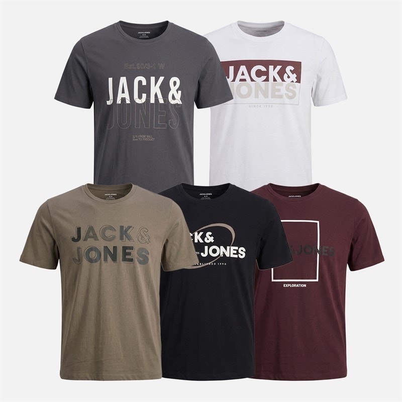 JACK & JONES Mens Josh Five Pack T-Shirts Port Royale/Black/White/Asphalt/Falcon