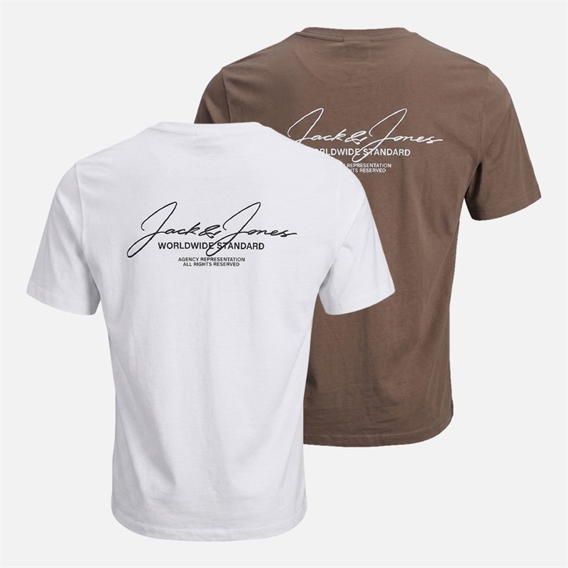 JACK & JONES Mens Cover Script Two Pack Relaxed T-Shirts White/Falcon - Image 2
