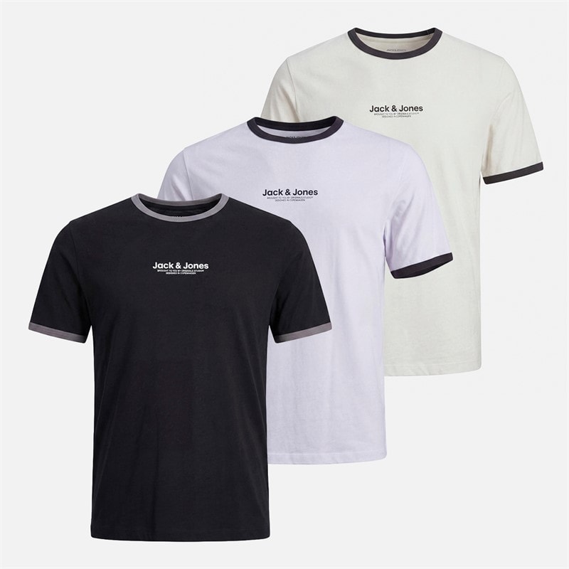 JACK & JONES Mens Three Pack Ringer T-Shirts Black/White/Glacier Gray - Image 1