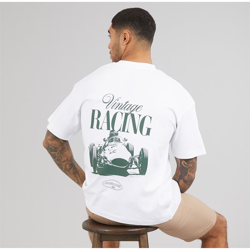 JACK & JONES Mens Vintage Racing T-Shirt Bright White