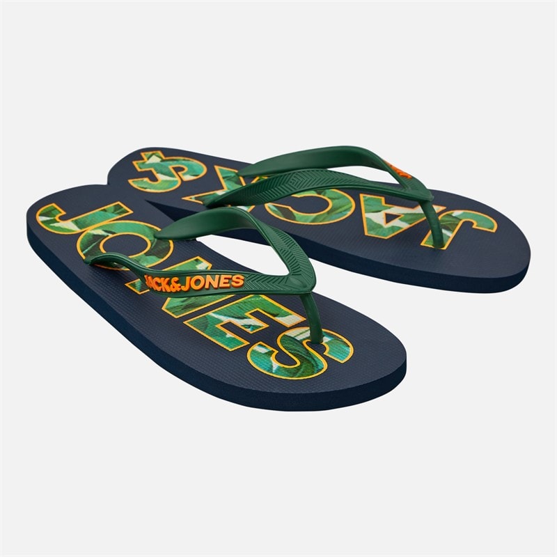 JACK & JONES Mens Palm Print Logo Flip Flops Navy Blazer/Verdant Green - Image 1