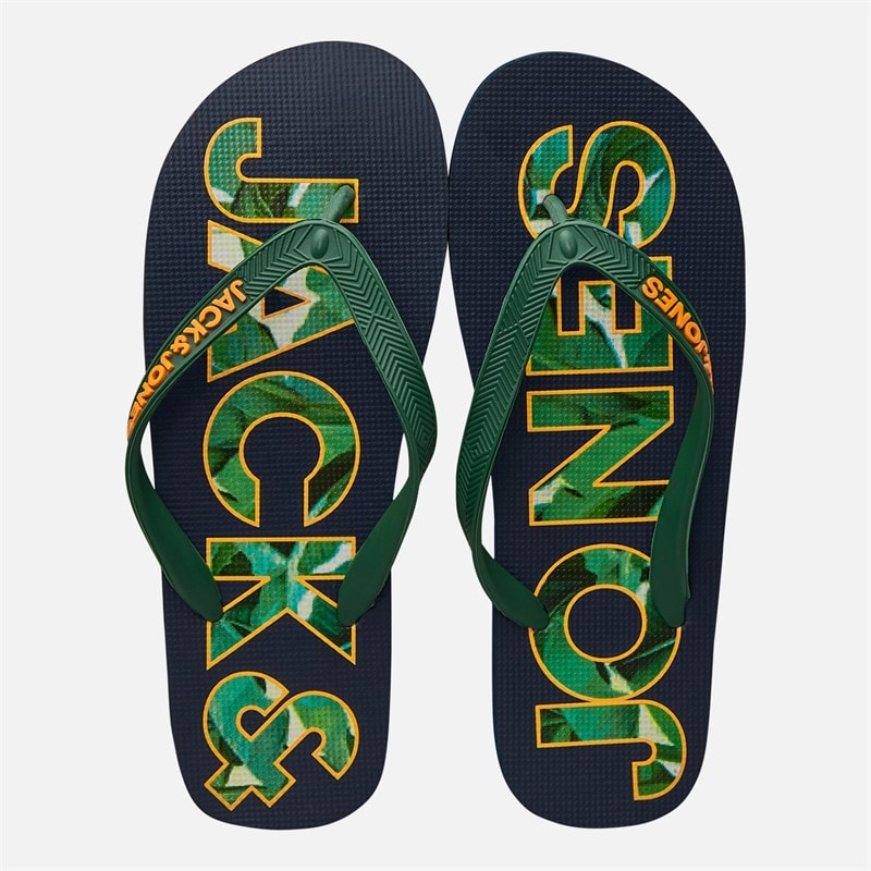 JACK & JONES Mens Palm Print Logo Flip Flops Navy Blazer/Verdant Green - Image 4