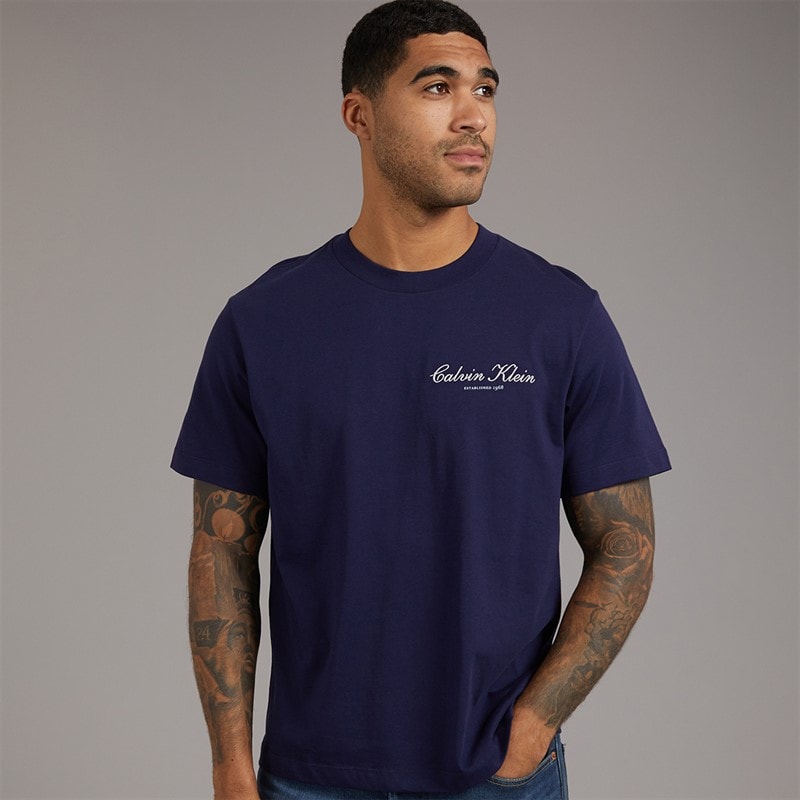 Calvin Klein Jeans Mens Embroidered Logo T-Shirt Evening Blue
