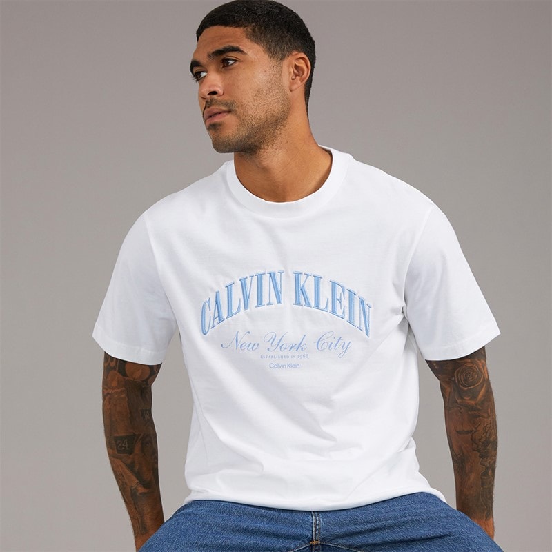 Calvin Klein Jeans Mens Embroidered NYC Logo Graphic T-Shirt Bright White