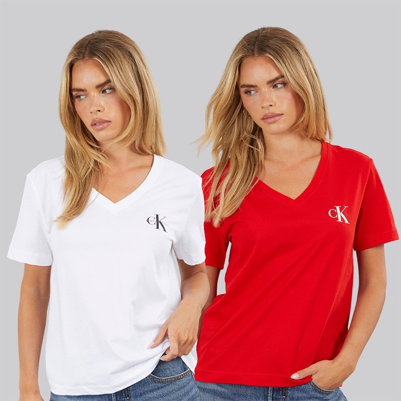 Calvin Klein Jeans Womens Logo Two Pack V-Neck T-Shirts Adrenaline Rush/Brilliant White