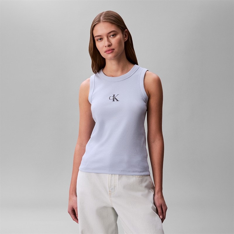 Calvin Klein Jeans Womens Monologo Rib Tank Top Breezy Blue