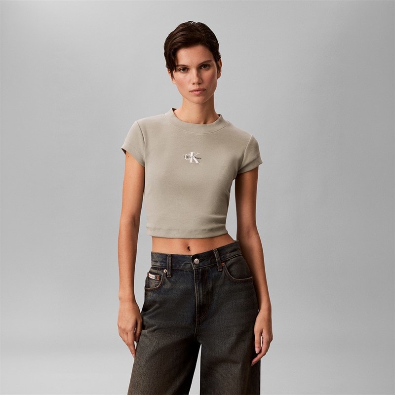 Calvin Klein Jeans Womens Monologo Rib T-Shirt Shadow