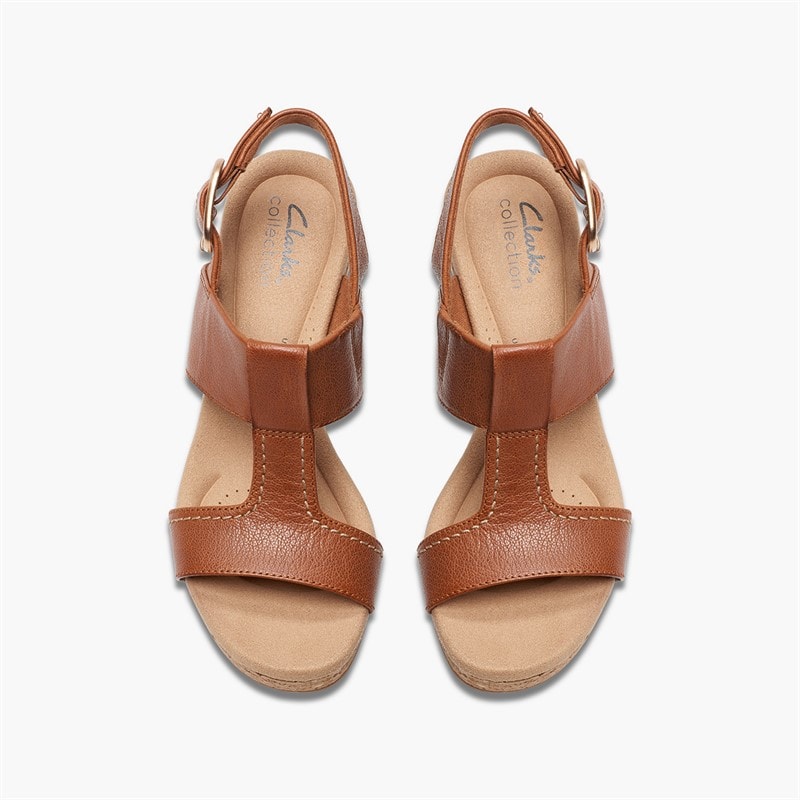 Clarks Womens Giselle Style Wedge Sandals Tan Leather - Image 2