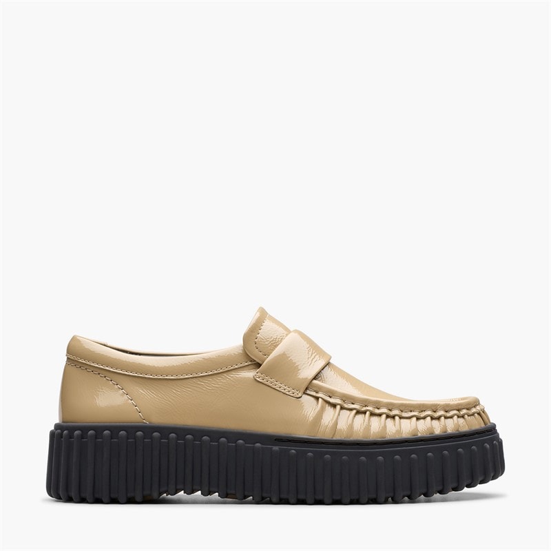Clarks Womens Torhill Moc Shoes Beige Patent