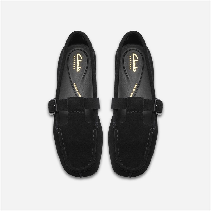 Clarks Womens Freckle T-Bar Loafers Black Suede - Image 2