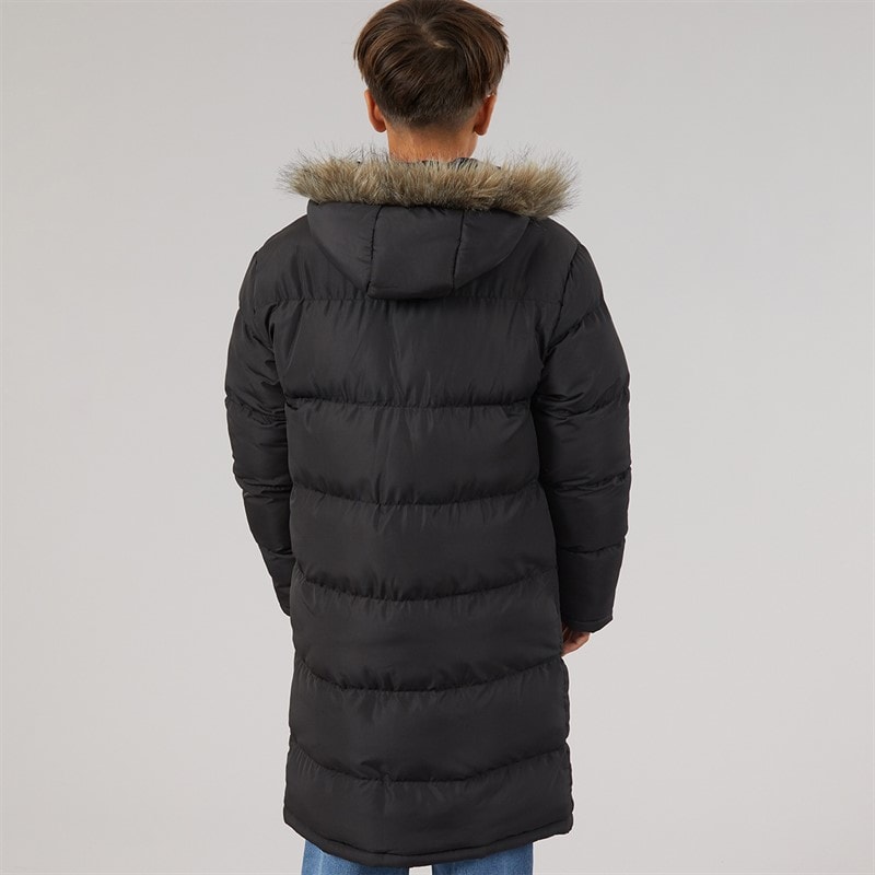 Kangaroo Poo Boys Longline Faux Fur Trim Hooded Coat Black - Image 2