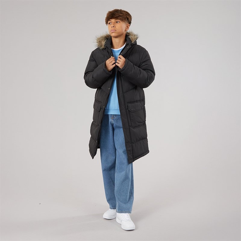 Kangaroo Poo Boys Longline Faux Fur Trim Hooded Coat Black - Image 4