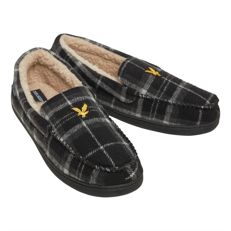 Lyle And Scott Vintage Mens Buster Mocasin Slippers Black Mixed Check - Image 1