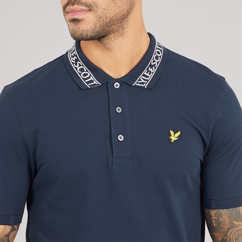 Lyle And Scott Vintage Mens Logo Ribbed Polo Shirt Y070 Dark Navy/Bone White - Image 3