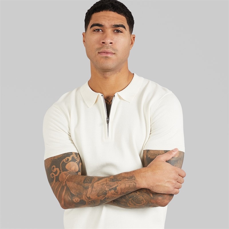 French Connection Mens Short Sleeve Cotton Zip Knit Polo Shirt Ecru - Image 3