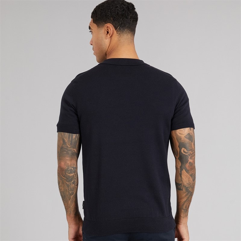 French Connection Mens Short Sleeve Cotton Zip Knit Polo Shirt Marine - Image 2