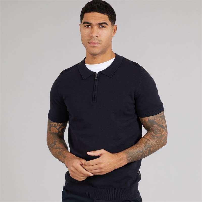 French Connection Mens Short Sleeve Cotton Zip Knit Polo Shirt Marine - Image 3