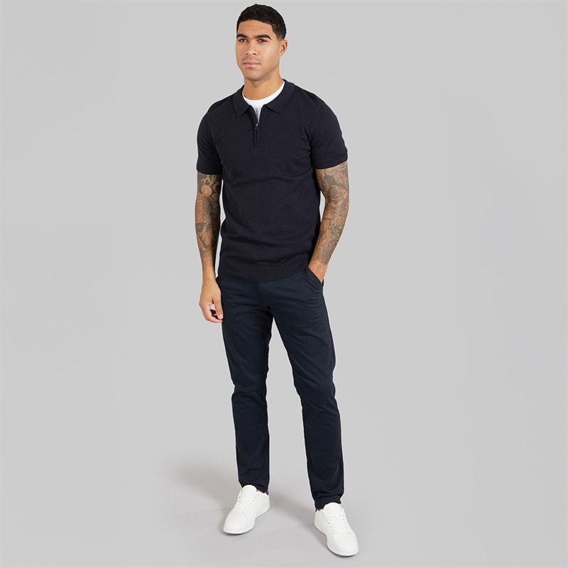 French Connection Mens Short Sleeve Cotton Zip Knit Polo Shirt Marine - Image 4