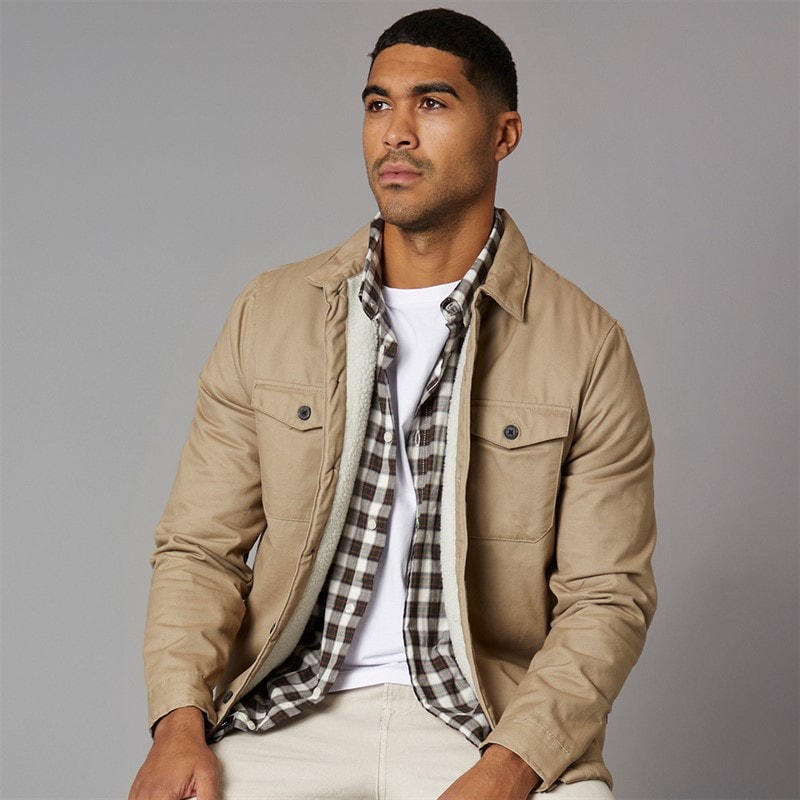 French Connection Mens Worker Borg Overshirt Stone