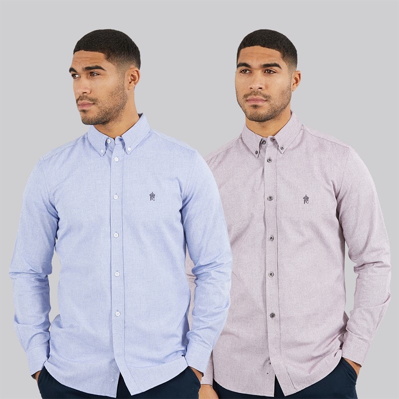 French Connection Mens Two Pack Long Sleeve Oxford Shirts Mid Blue/Bordeaux