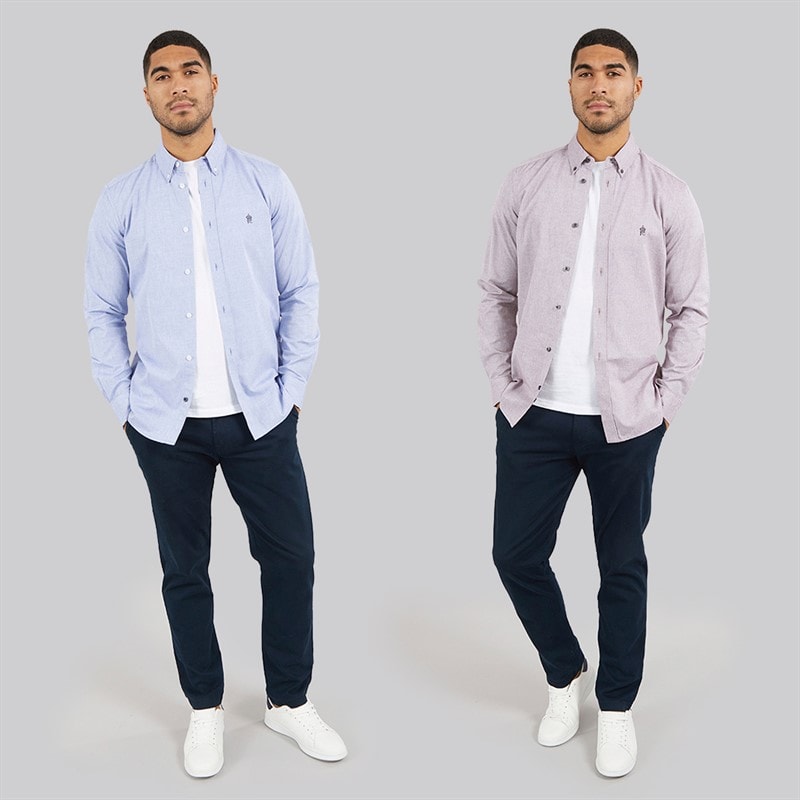 French Connection Mens Two Pack Long Sleeve Oxford Shirts Mid Blue/Bordeaux - Image 4