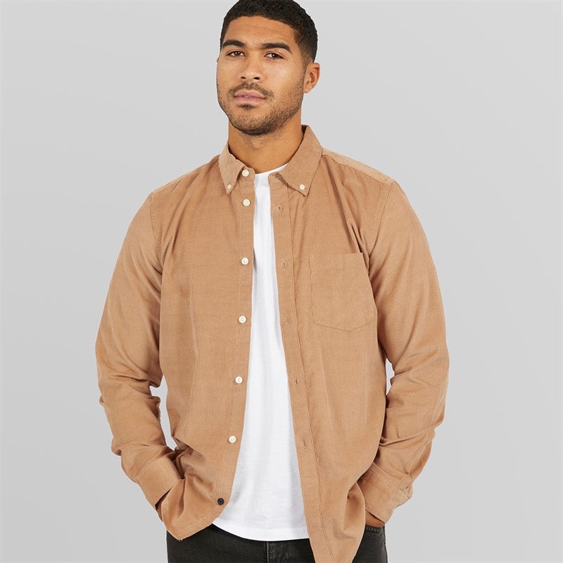 French Connection Mens Cord Long Sleeve Shirt Camel