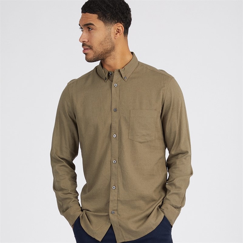 French Connection Mens Long Sleeve Linen Shirt Khaki