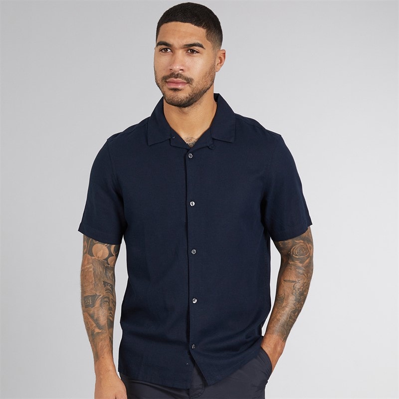 French Connection Mens Short Sleeve Linen Shirt Marine - Image 1