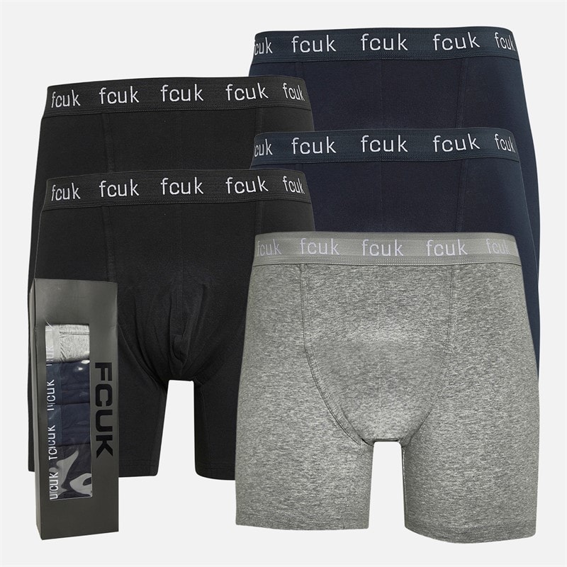 French Connection Mens Five Pack FCUK Long Boxer Trunks FCUK 80 Black/Marine/Light Grey Melange/Black/Marine - Image 1