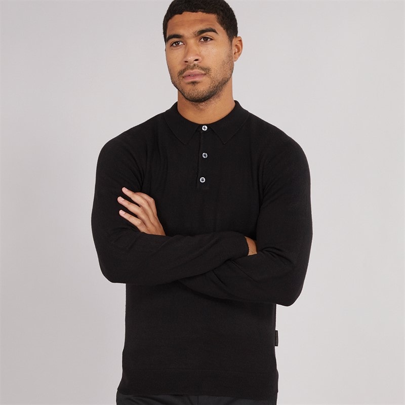 French Connection Mens Cash Long Sleeve Polo Shirt Black