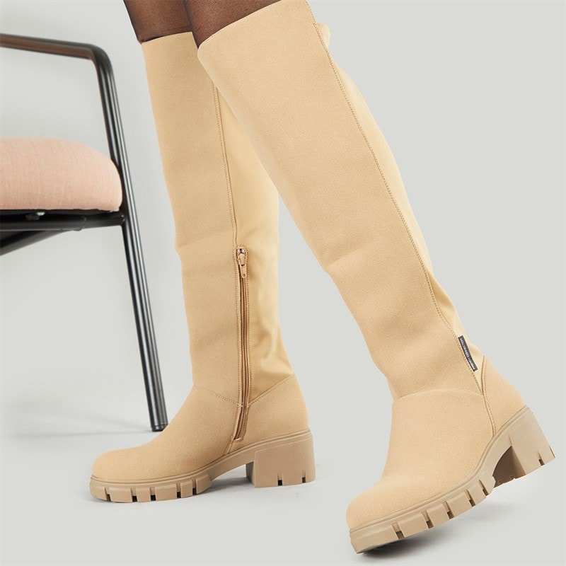 French Connection Womens Chunky Knee High Stretch Boots Stone