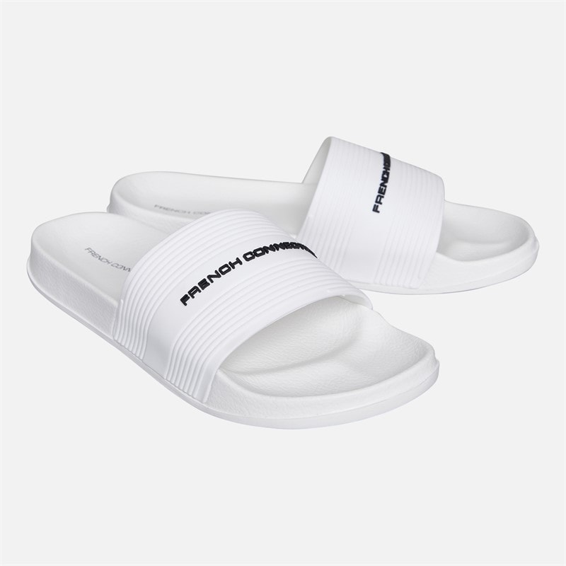 French Connection Mens Strap Sliders White/Black Logo - Image 1