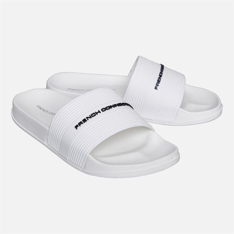 French Connection Boys Strap Sliders White/Black Logo