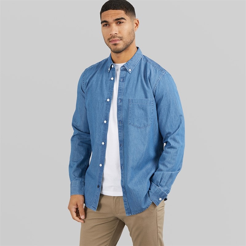 French Connection Mens Long Sleeve Denim Shirt Mid Wash - Image 3