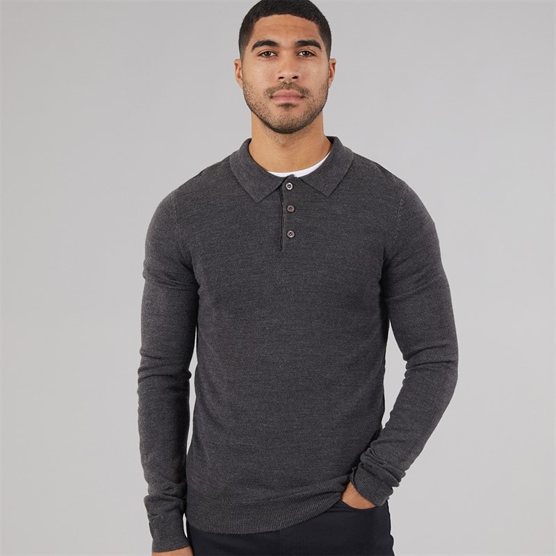 French Connection Mens Cash Long Sleeve Polo Shirt ange Charcoal Mel - Image 1