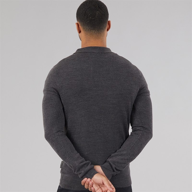 French Connection Mens Cash Long Sleeve Polo Shirt ange Charcoal Mel - Image 2