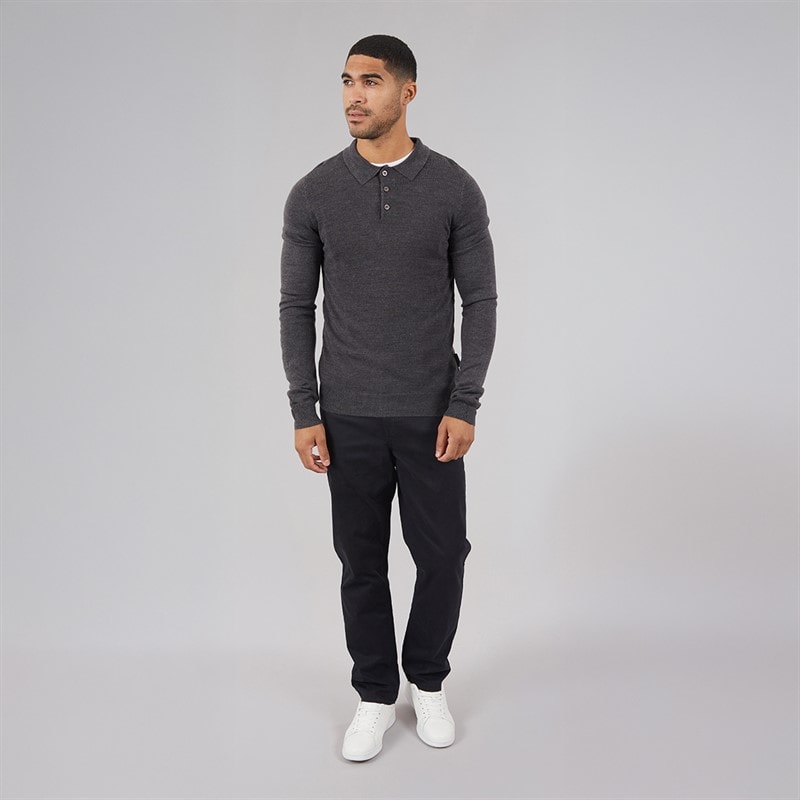 French Connection Mens Cash Long Sleeve Polo Shirt ange Charcoal Mel - Image 3