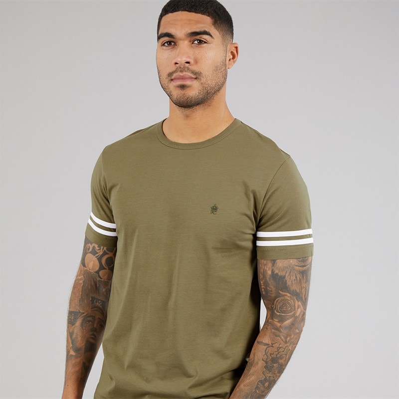 French Connection Mens Arm Stripes T-Shirt Light Khaki/White Lt Khaki/White