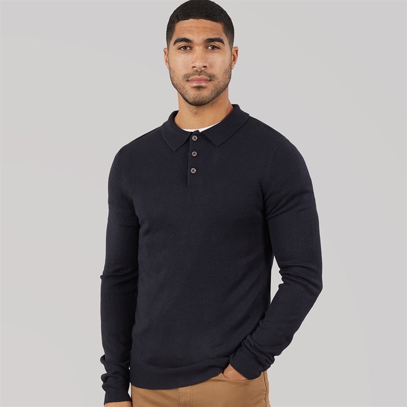 French Connection Mens Cash Long Sleeve Polo Shirt Marine - Image 1