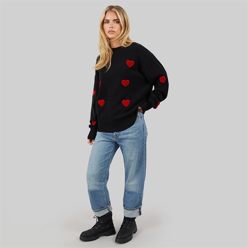 French Connection Womens Heart Appliq Crew Jumper Black/Lipstick Red - Image 4