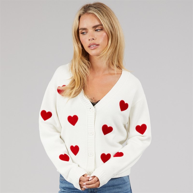 French Connection Womens Heart Appliqe Cardigan Winter White/Lipstick Red