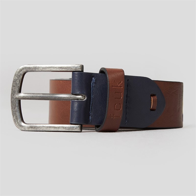 French Connection Mens FCUK Branded Keeper Buckle Belt Brown/Navy - Image 1