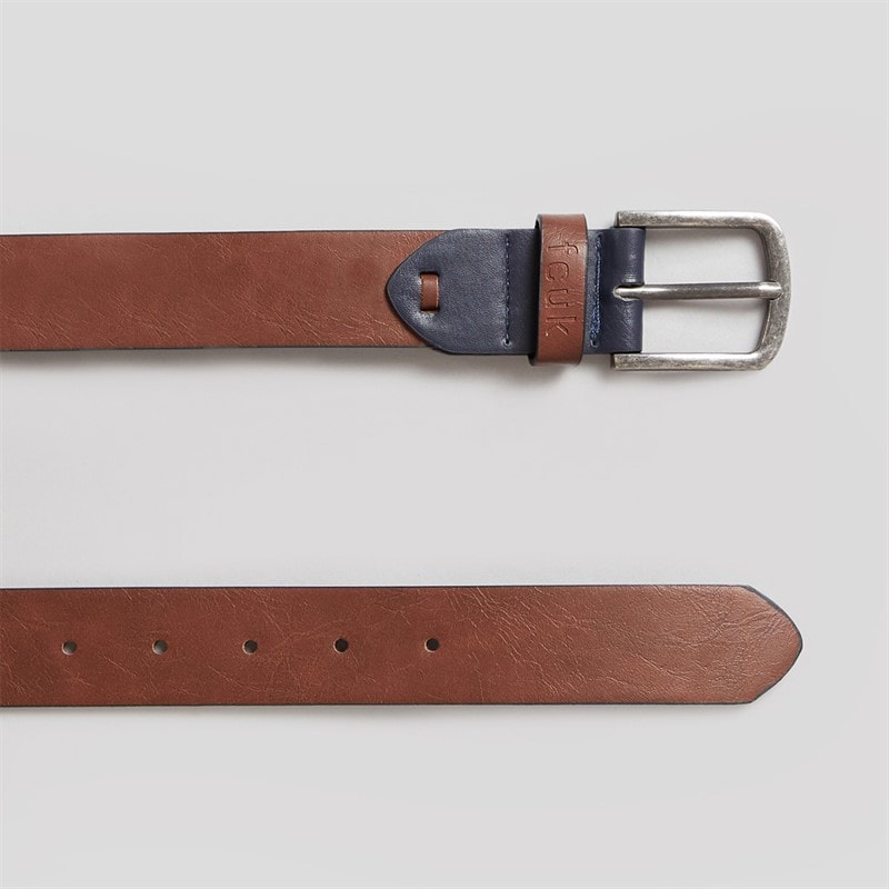 French Connection Mens FCUK Branded Keeper Buckle Belt Brown/Navy - Image 2