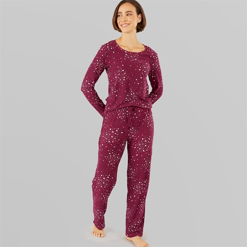 Onfire Womens Soft Touch Scatter Heart Pyjamas Burgundy - Image 1