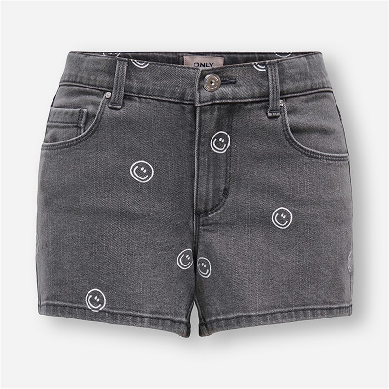 Only Girls Blair Print Denim Shorts Light Grey Denim