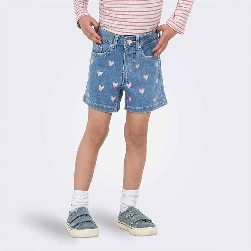 Only Girls Mini Juicy Heart Denim Shorts Light Medium Blue Denim