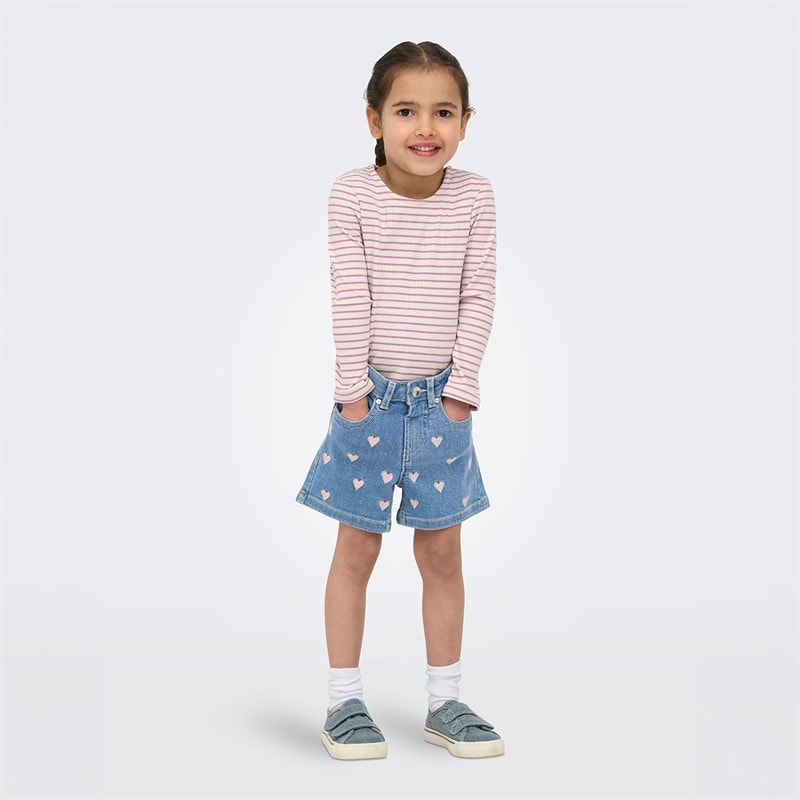 Only Girls Mini Juicy Heart Denim Shorts Light Medium Blue Denim - Image 2