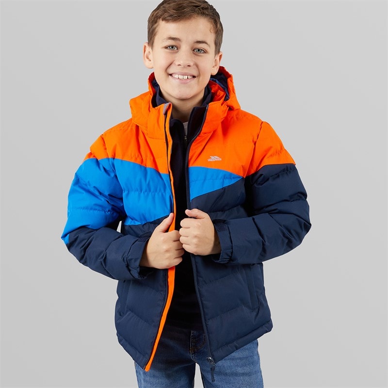 Trespass Junior Boys Layout Waterproof Padded Hooded Jacket Navy/Hot Orange/Blue